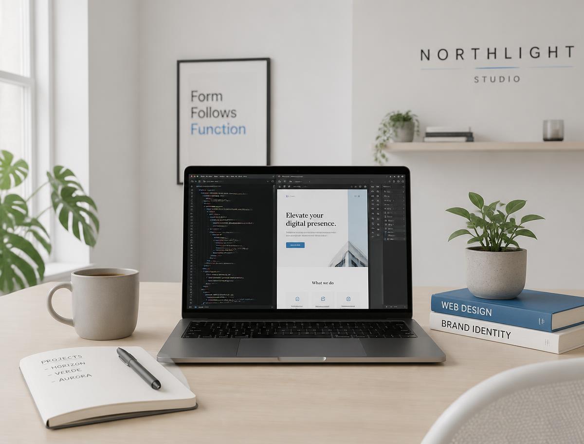 Estação de trabalho da Vertex Web Studio com editor de código e layout de site em desenvolvimento